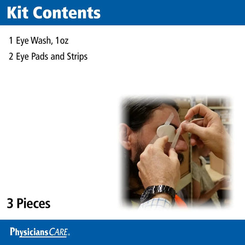 PhysiciansCare eye wash kit, 3 pieces: 1 oz eye wash, oval eye pads and adhesive strips; person applying pad to eye.