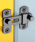 Two Pack Small Stainless Steel Flip Lock Safety Door Bolt Holder Latch Black With Anti Oxidation Finish on a yellow and blue door