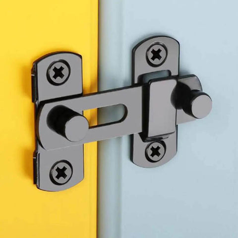 Two Pack Small Stainless Steel Flip Lock Safety Door Bolt Holder Latch Black With Anti Oxidation Finish on a yellow and blue door
