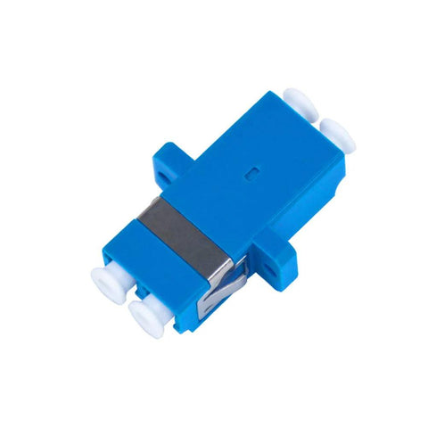 Blue plastic personal computer component with metal clip and white posts, front view