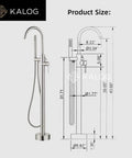 Freestanding Tub Filler Floor Mount Bath Faucet With Handheld Shower 360 Degree Swivel Spout Stable Tripod Base Includes Hardware For No Fuss Install And 59 Inch Stainless Hose Brushed Nickel Finish With product dimensions and diagram view