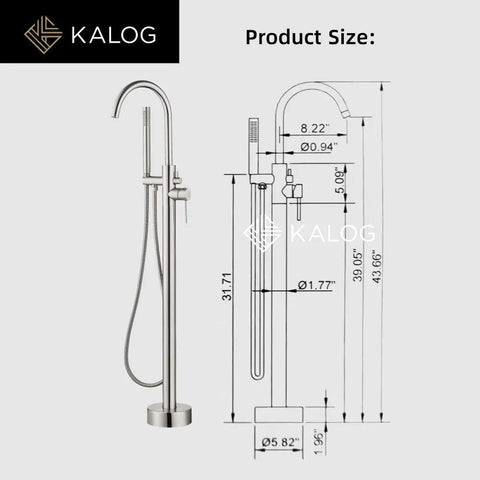 Freestanding Tub Filler Floor Mount Bath Faucet With Handheld Shower 360 Degree Swivel Spout Stable Tripod Base Includes Hardware For No Fuss Install And 59 Inch Stainless Hose Brushed Nickel Finish With product dimensions and diagram view