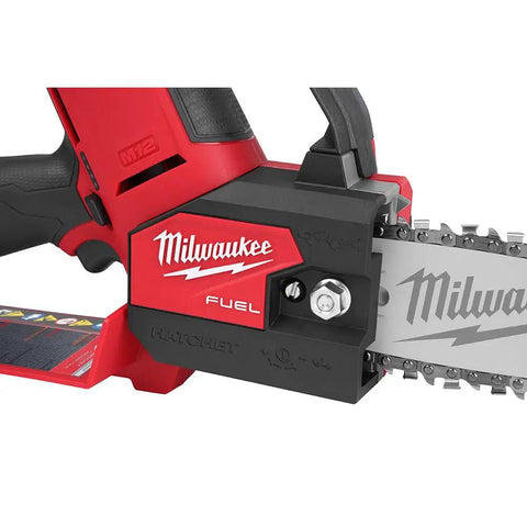 Close-up of the M12 Fuel Pruning Saw Kit With A 6 Inch Blade Cordless 12V Power For Fast Limb Cleanup, red and black tool design