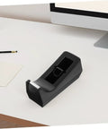 Six Station Blue Desktop Tape Dispenser Set With Six Premium Adhesive Rolls For Legit Heavy Duty Packing Smooth Desk Organization And No Sweat Sealing Top Shelf Workspace Solution on a white desk.
