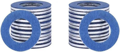 Stacked blue aluminum seals from Aluminum Oil Drain Plug Gasket Kit 24 Pcs Replacement Seals Pro Grade Fits Toyota Lexus Scion.