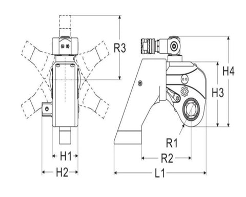 Technical drawing of Tank Tough Hydraulic Torque Wrench MDW 3 showing dimensions and design of the aluminum frame and swivel couplings.