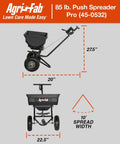 85 Lb Heavy Duty Push Lawn Spreader Pro For Big Yard Coverage Up To 14,000 Sq Ft, showing dimensions and spread width