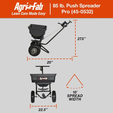 85 Lb Heavy Duty Push Lawn Spreader Pro For Big Yard Coverage Up To 14,000 Sq Ft, showing dimensions and spread width