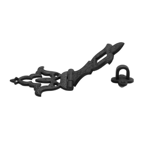 Colonial Style Black Wrought Iron Hasp Door Lock Latch Eight And A Quarter Inch for garage and barn doors, shown uninstalled.