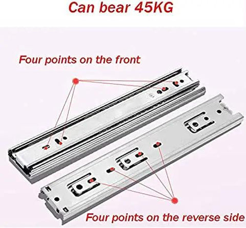 Heavy Duty Push To Open Drawer Slides With Full Extension Soft Close Ball Bearing Runners showing front and back views indicating 45KG capacity.