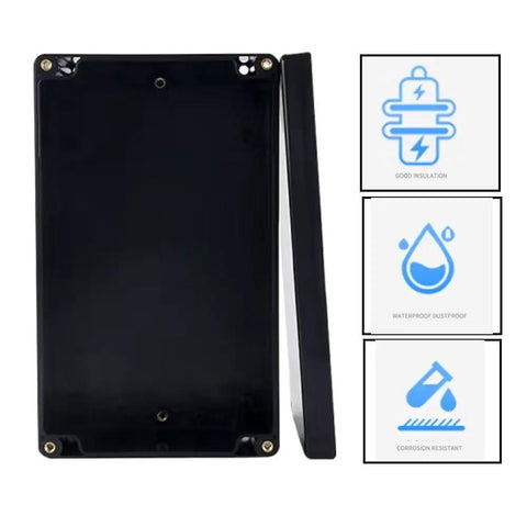 Top Shelf Abs Electrical Enclosure For Hardware Builders With Four M16 Cable Glands IP65 Waterproof Junction Box Black dustproof case shown with lid.