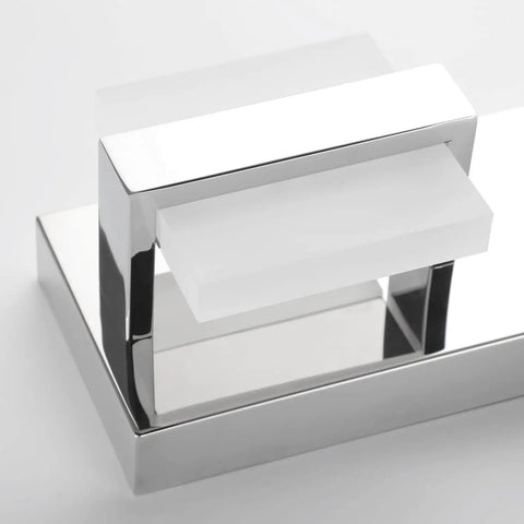Close-up of Modern Three Light Chrome Bathroom Vanity Light Over Mirror Super Easy Fifteen Minute Install LED Fixture base.