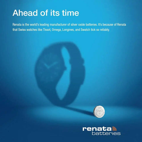 Top Shelf Silver Oxide Watch Battery 394 SR936SW 1.55 Volt Swiss Made cell with watch silhouette on blue background.