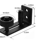Detailed view of Sliding Barn Door Floor Guide and Wall Mounted Hardware with flush bottom adjustable stay rollers, black
