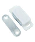 Heavy Duty Cabinet Magnetic Latch For Kitchen Cupboard Wardrobe Closet Doors No Fuss No Slam Magnetic Catch Built With ABS Plastic And Iron Reliable Hardware To Keep Doors Shut White shown in white ABS plastic and iron.