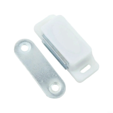 Heavy Duty Cabinet Magnetic Latch For Kitchen Cupboard Wardrobe Closet Doors No Fuss No Slam Magnetic Catch Built With ABS Plastic And Iron Reliable Hardware To Keep Doors Shut White shown in white ABS plastic and iron.