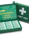 Homeopathic Accident and Emergency First Aid Kit, green plastic case open with rows of small ampoules