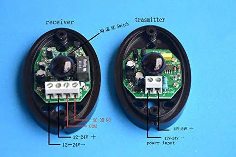 Receiver and transmitter of waterproof single infrared beam sensor photoelectric barrier detector for indoor or outdoor use.