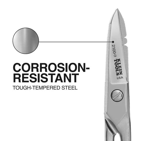 Close-up of Workhorse Pro Grade Stainless Steel Electrician Scissors 5.25 Inch with corrosion resistance detail.