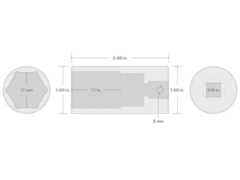 Deep 6-Point Impact Socket, Three-Eighths Inch Drive, Seventeen-Millimeter Deep Socket, High-Visibility Laser Markings dimensions