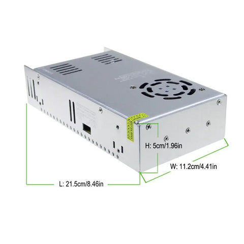 Beefy Workhorse Universal AC to DC Power Supply 12V 30A 360W Regulated Output shown with dimensions and cooling fan