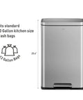 Matte Stainless Steel Step Trash Can With Hands Free Foot Pedal And Inner Liner 50 Liter 13.2 Gallon Fingerprint Resistant Finish Soft Close Lid For Home Office Kitchen front view showing size compatibility with 13-gallon bags