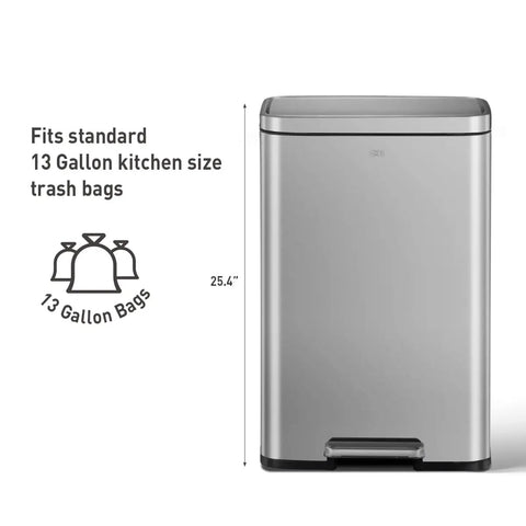 Matte Stainless Steel Step Trash Can With Hands Free Foot Pedal And Inner Liner 50 Liter 13.2 Gallon Fingerprint Resistant Finish Soft Close Lid For Home Office Kitchen front view showing size compatibility with 13-gallon bags