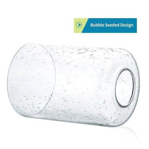 Seeded Lipless Glass Lamp Shade Cylindrical Light Cover With Standard Fitter Opening Designed For Chandeliers Pendants And Bathroom Vanity Lights Replacement Pack Of 3 For Easy Retrofits And Modern Farmhouse Style, close-up angle showing seeded texture and cylindrical shape.