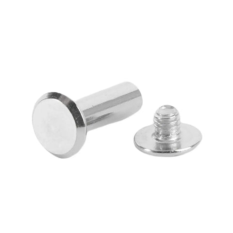 Badass Stainless Steel M4 Binding Posts And Flat Round Head Rivet Studs Barrel Screws showing silver fasteners for leather craft.