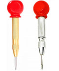 Two Hardened Steel Auto Center Punch Set Double Pack Five Inch Spring Loaded Awl Tool with different colored tips and grips.