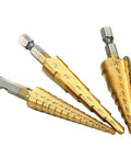 Three Piece Pro Grade Titanium Coated HSS Step Drill Bit Set For Metal Wood Plastic And Aluminum With One Quarter Inch Hex Shank Dual Flute