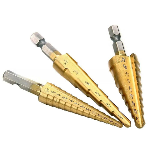Three Piece Pro Grade Titanium Coated HSS Step Drill Bit Set For Metal Wood Plastic And Aluminum With One Quarter Inch Hex Shank Dual Flute