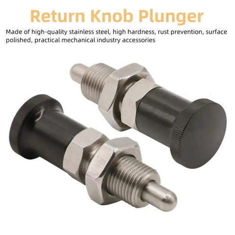 Tough As Nails Stainless Steel Push Fit Ball Nose Spring Plunger Retractable Indexing Pin With Quick Grip Knobs For Rock Solid Positioning On Shop Equipment M8 Non Locking 2 Pack, showing two plunger knobs.