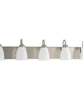 Five-Light Bath Vanity Light With Etched Glass In Brushed Nickel, Traditional Style Fixture For Spa Vibe Bathrooms, wall-mounted view