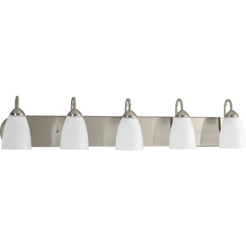 Five-Light Bath Vanity Light With Etched Glass In Brushed Nickel, Traditional Style Fixture For Spa Vibe Bathrooms, wall-mounted view