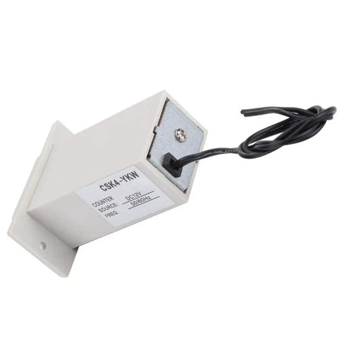 Four Digit Mechanical Pulse Counter Totalizer, Electromagnetic Industrial Counter, DC12V Powered for Water Meter Systems, Electricity Monitoring, Production Line Automation, A Go To Workhorse for High Accuracy and Fast Counting, white side view with wire
