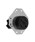 Hella Tough Octagon Electrical Outlet Four Prong Power Receptacle With Heavy Duty Steel Housing And Built In Overcurrent Shield For Rv Conversions And Campground Hookups angled view showing metal structure and four prong socket design.