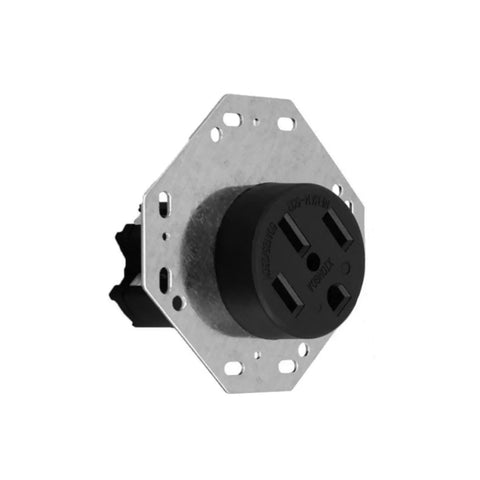 Hella Tough Octagon Electrical Outlet Four Prong Power Receptacle With Heavy Duty Steel Housing And Built In Overcurrent Shield For Rv Conversions And Campground Hookups angled view showing metal structure and four prong socket design.
