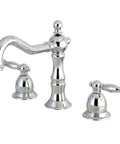 Heritage Widespread Lavatory Faucet In Polished Chrome With Deck Mount Three Hole Installation Dual Lever Handles Drip Free Ceramic Disc Cartridge Eight To Sixteen Inch Spread One Half Inch IPS Connection Five Inch Spout Clearance ADA Compliant