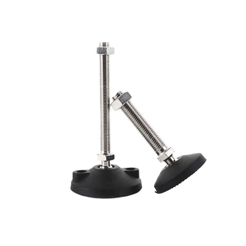 Top Shelf Adjustable Leveling Feet Featuring Threaded M8 Swivel Base And Hella Sturdy Rust Proof Nylon Steel Build For Dead Solid Lathe Frames And Heavy Duty Furniture Glide Pads, showing two adjustable feet with nylon bases.