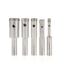 Front view: five-piece NEIKO diamond hole saw set with hollow-core bits, 5/32–1/2 in, 1/4 in shanks