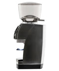 Heavy Duty Commercial Coffee Grinder Featuring 54 Mm Ceramic Flat Burrs For Cranking Out Perfect Espresso Grinds Processing Beans From Coarse To Fine Built Tough For Dope Home Baristas side view with clear bean hopper.
