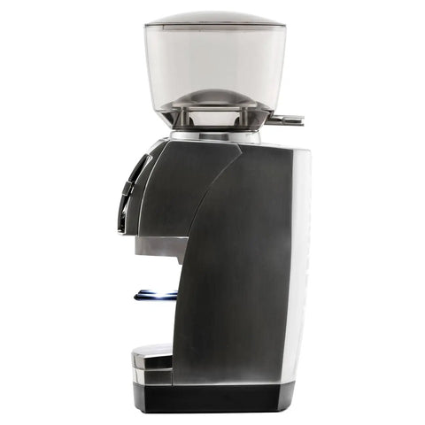 Heavy Duty Commercial Coffee Grinder Featuring 54 Mm Ceramic Flat Burrs For Cranking Out Perfect Espresso Grinds Processing Beans From Coarse To Fine Built Tough For Dope Home Baristas side view with clear bean hopper.