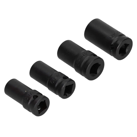 Heavy Duty Locking Wheel Nut Removal Sockets Kit For Car With Protective Inserts To Strip Stuck Lug Bolts Easily Using Durable Thin-Walled Aluminum Alloy Impact Tools To Fix Tires Fast And Save Your Rims From Damage, four black sockets
