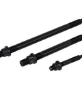 Three black cylinder head studs from the 12 Point Cylinder Head Studs Kit With Bolts And Nuts For Chevy LS Engines, different sizes shown.