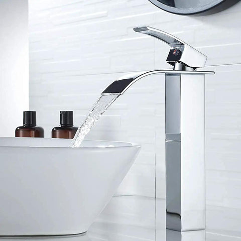 Vessel Sink Faucet Chrome Modern Tall Waterfall Style With Single Handle And One Hole Install For Vanity Bathroom RV Camper And Farmhouse Washroom Dope Splash Free Water Saving Lavatory Faucet, installed on a white sink in a modern bathroom.
