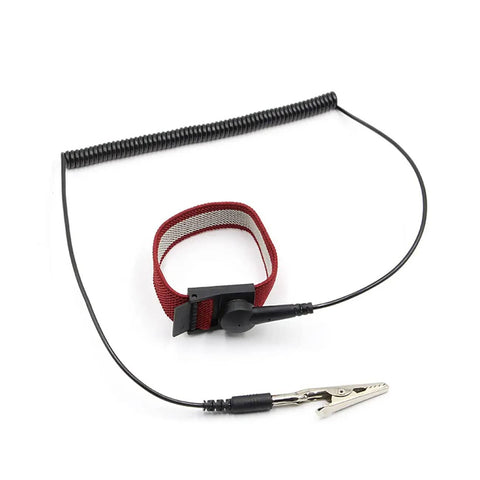 ESD Safe Anti Static Wrist Strap With Grounding Wire Adjustable Coiled Cord shown with metal clip attachment.