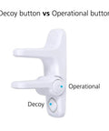 Outsmart Lever Handle Lock 2 Pack White Easy Install Kidproof Door Safety for Lever Handles, featuring decoy and operational buttons.