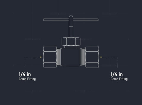 1/4 in compression straight needle valve, front view, brass, lead-free