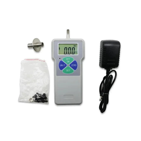 Top Tier Digital Fruit Hardness Tester And Portable Penetrometer showing unit, probe, power adapter, and necessary accessories.